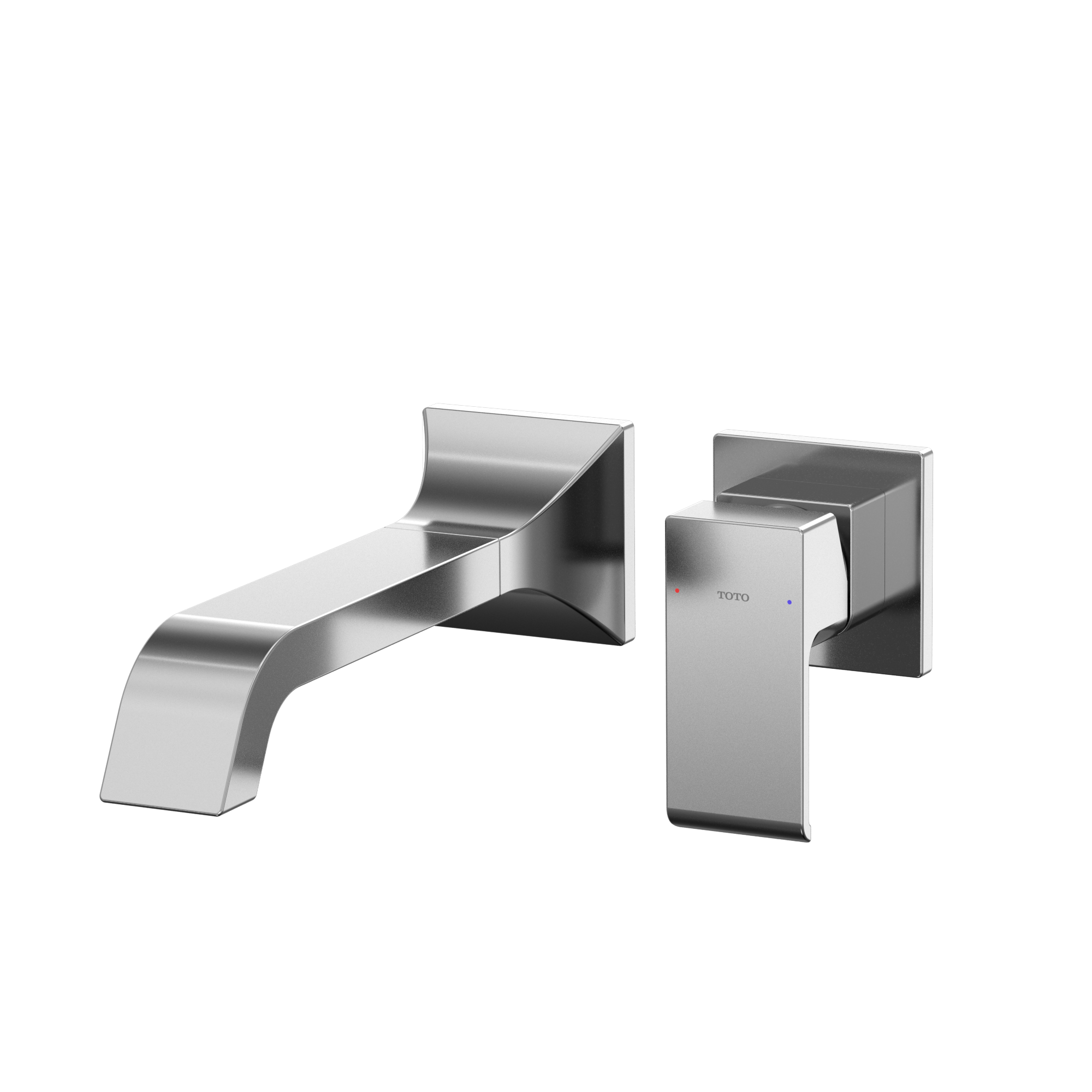Polished chrome wall-mount bathroom faucet with curved spout and single rectangular handle on square mounting plate.