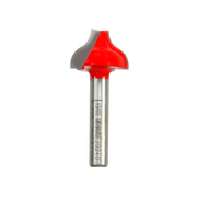 Red ogee groove router bit with metal shank and curved cutting head.