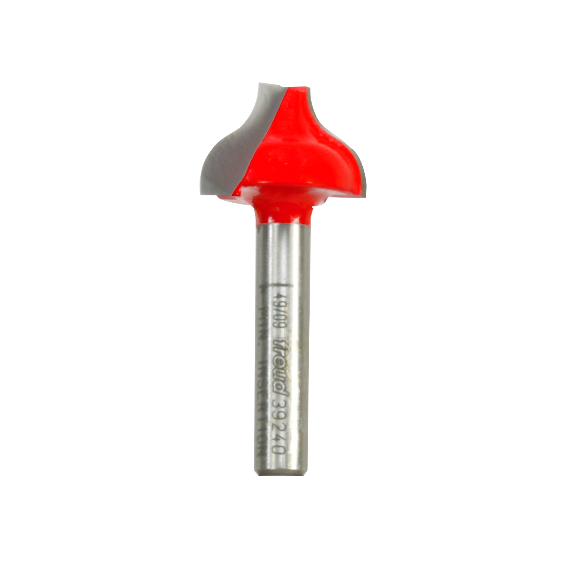 Red ogee groove router bit with metal shank and curved cutting head.