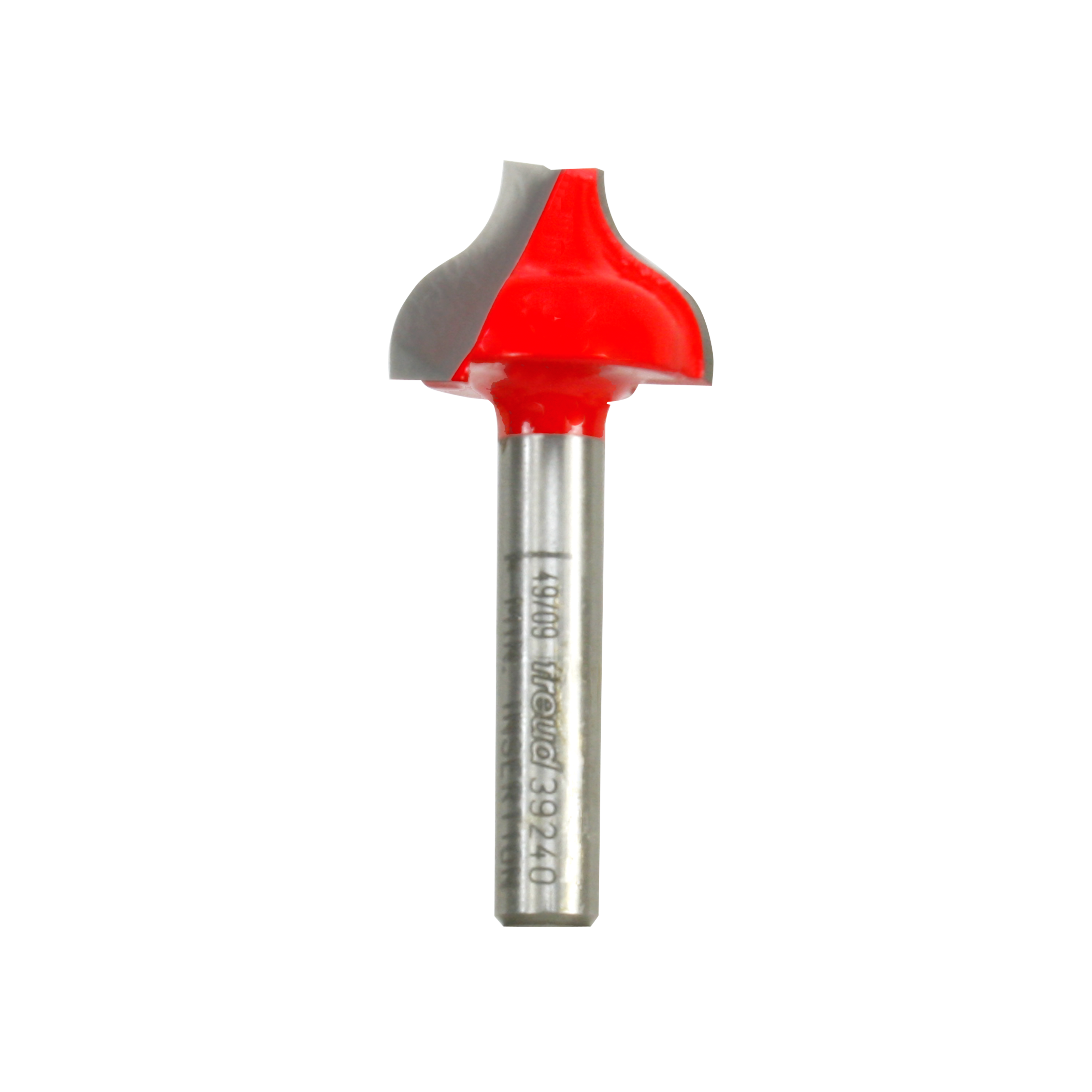 Red ogee groove router bit with metal shank and curved cutting head.