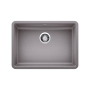 Metallic gray single-bowl undermount kitchen sink with chrome drain strainer and rounded corners.