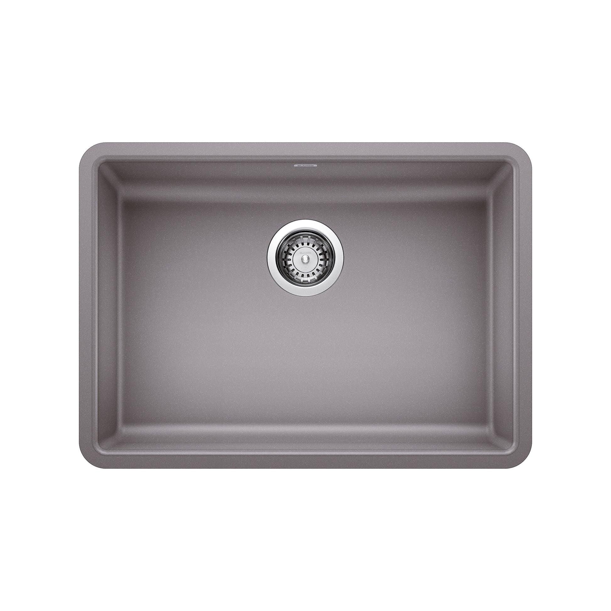Metallic gray single-bowl undermount kitchen sink with chrome drain strainer and rounded corners.