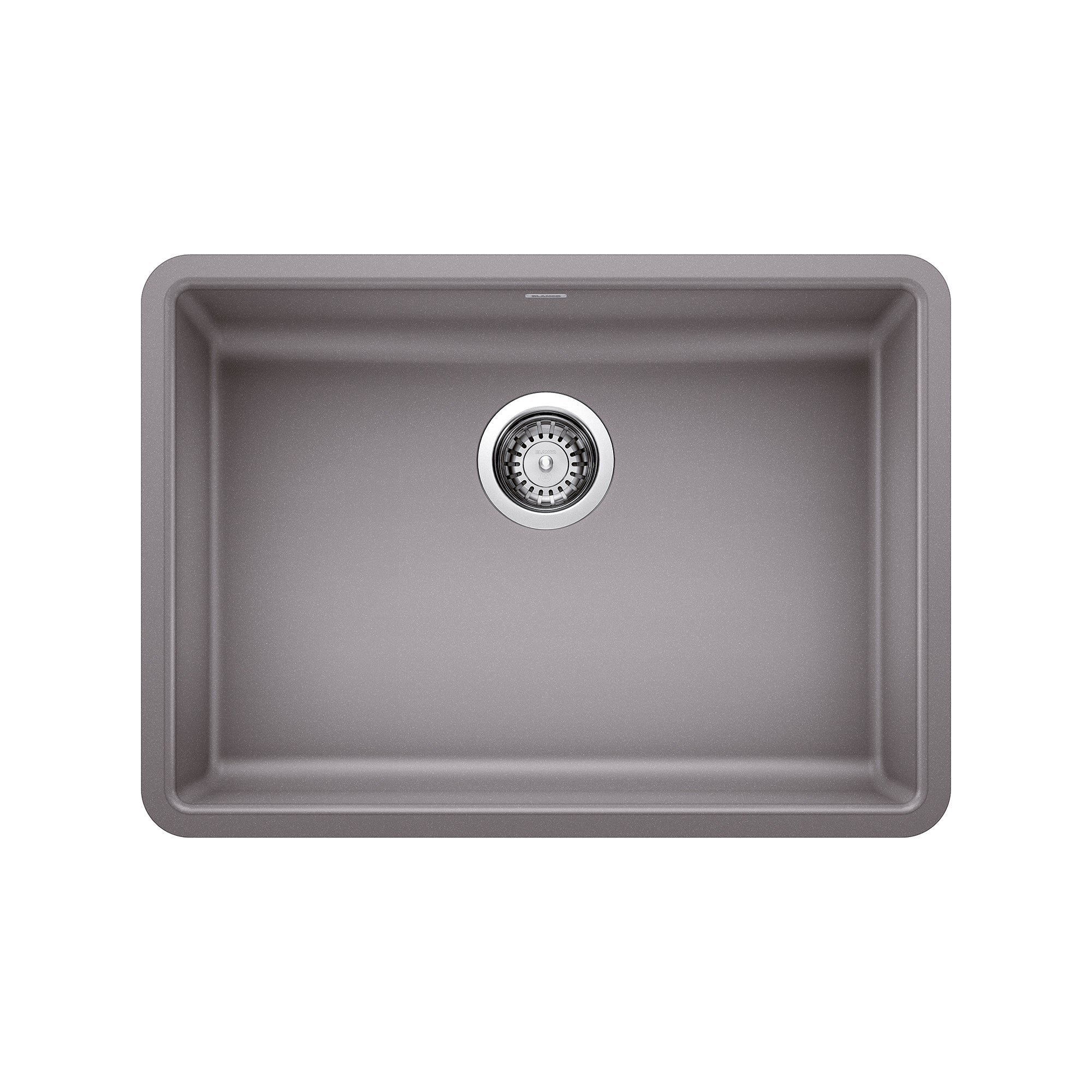 Metallic gray single-bowl undermount kitchen sink with chrome drain strainer and rounded corners.