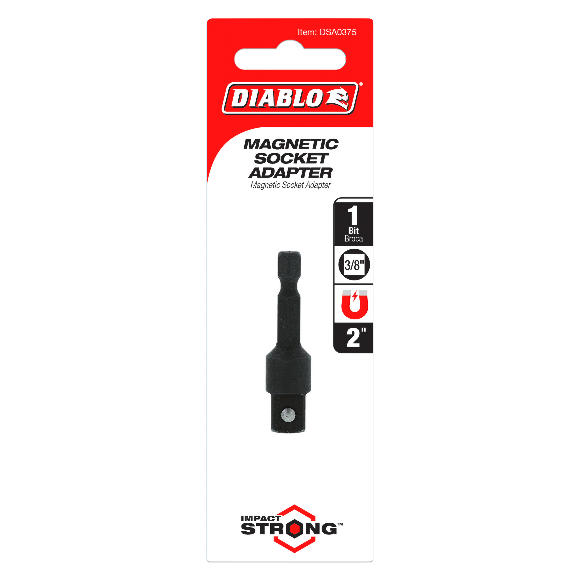 Black magnetic socket adapter with 3/8 inch square drive and 1/4 inch hex connection, 2 inches long.