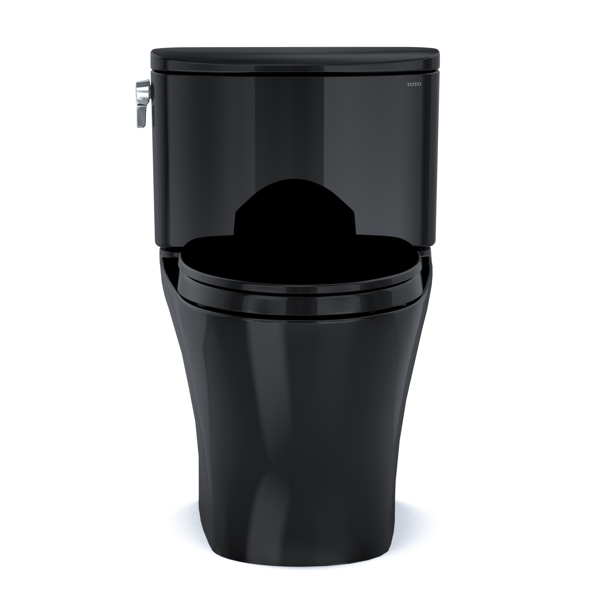 Ebony two-piece elongated toilet with soft-close seat and chrome bidet attachment on side.