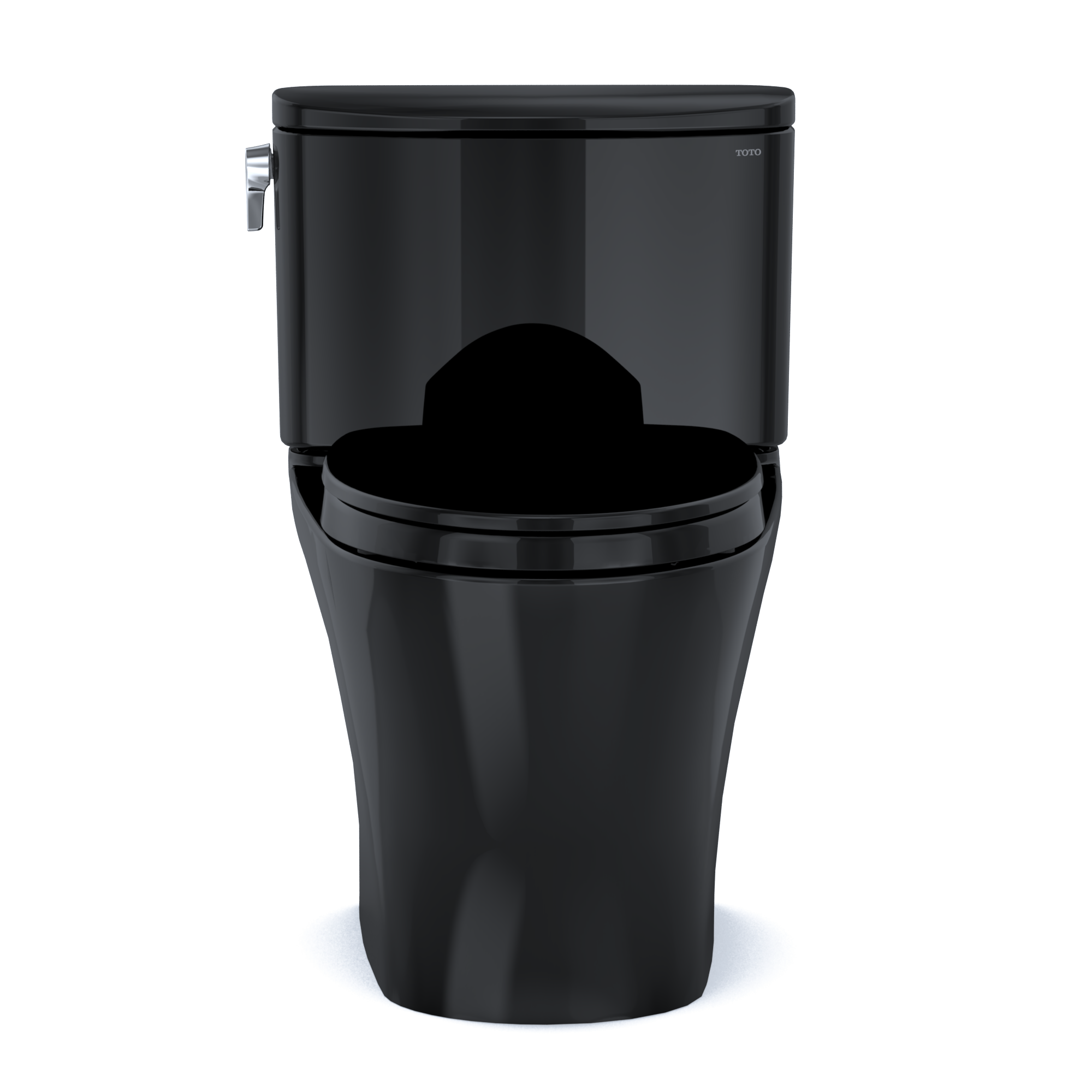 Ebony two-piece elongated toilet with soft-close seat and chrome bidet attachment on side.