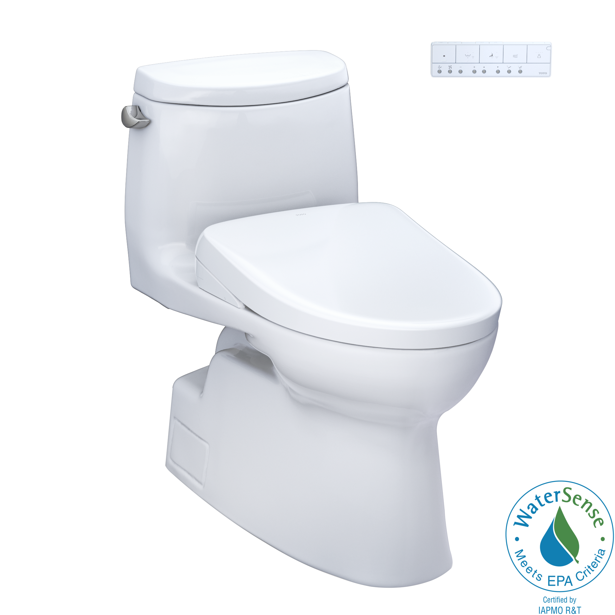 Toto Carlyle II One Piece Elongated Universal Height Toilet with CEFIONTECT 1.28 GPF with Contemporary Washlet+ S7 Bidet Seat in Cotton White
