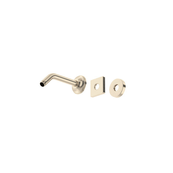 Satin nickel wall-mount shower arm with curved elbow outlet and mounting flanges.