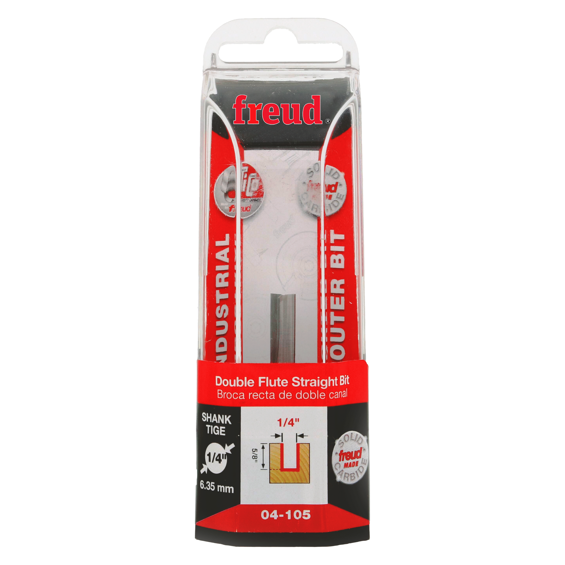 Freud 1/4" diameter double flute straight router bit with 1/4" shank in clear plastic packaging with red and black labeling.
