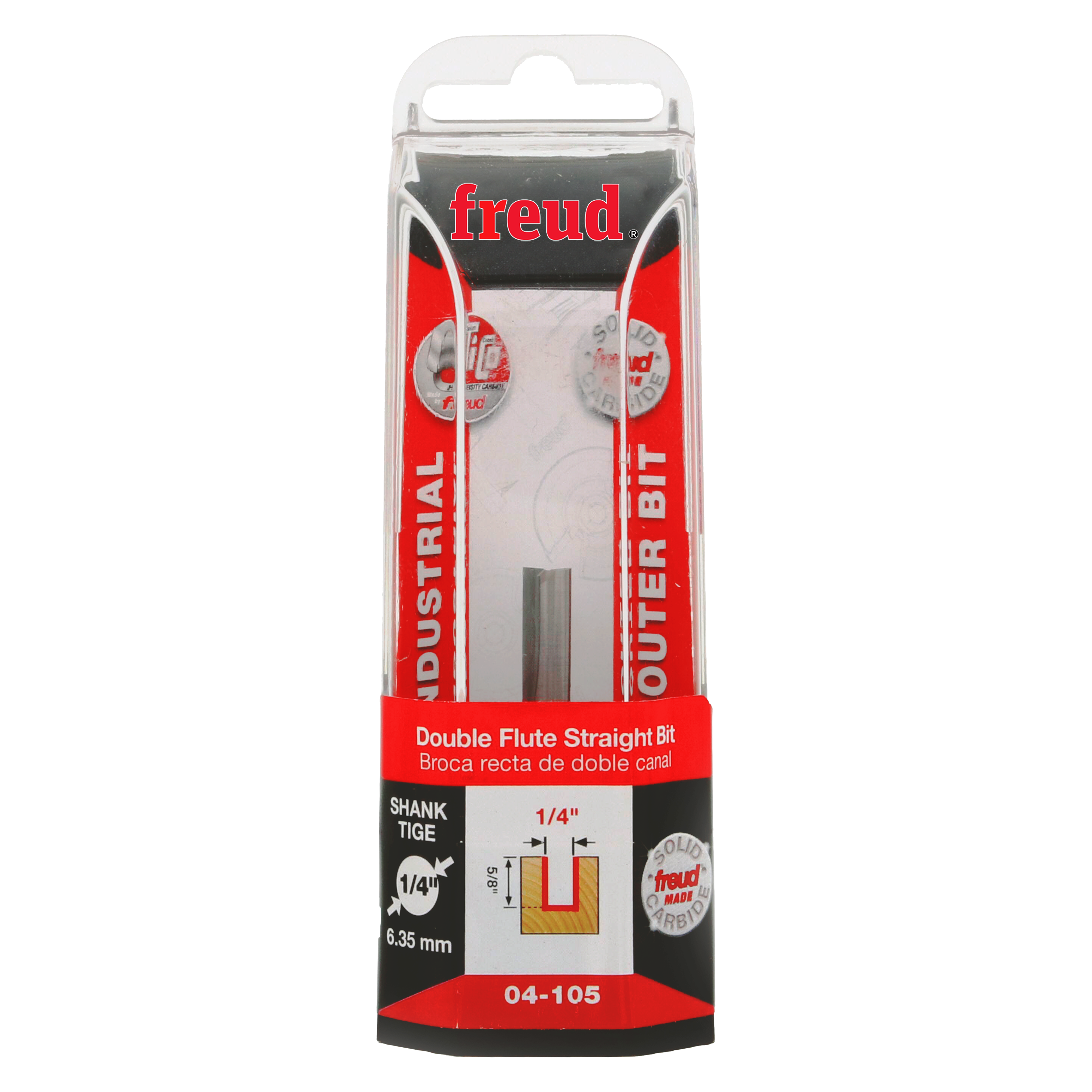 Freud 1/4" diameter double flute straight router bit with 1/4" shank in clear plastic packaging with red and black labeling.