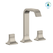 Brushed nickel two-handle widespread bathroom sink faucet with tall curved spout and square base handles.