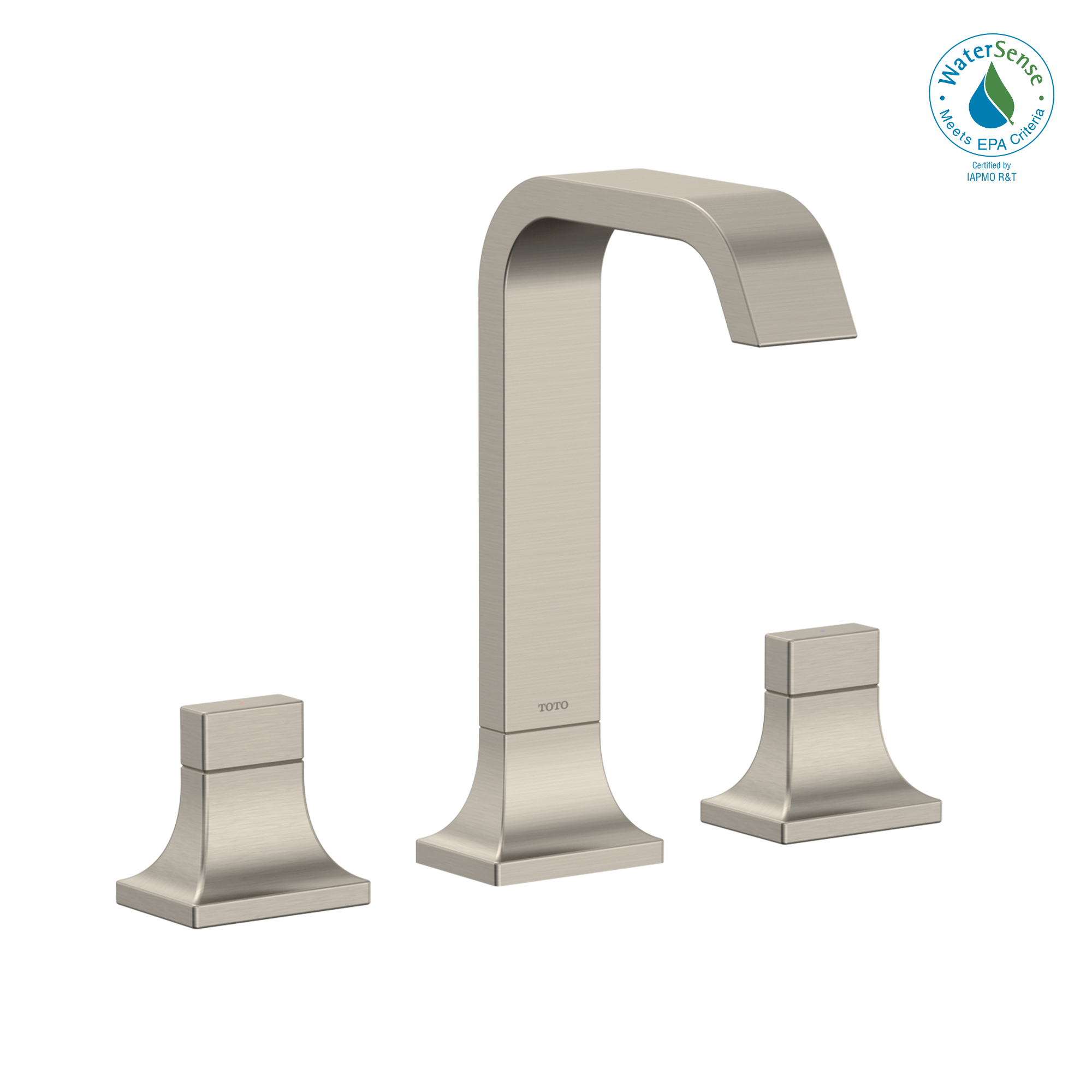 Brushed nickel two-handle widespread bathroom sink faucet with tall curved spout and square base handles.