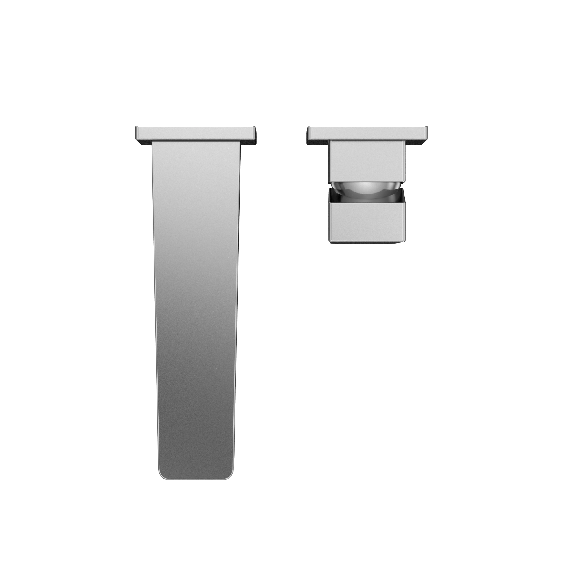 Polished chrome wall-mount bathroom faucet with single handle and rectangular spout shown from front and top views.