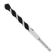 Black and silver twist drill bit with carbide-tipped head and hex shank against white background.