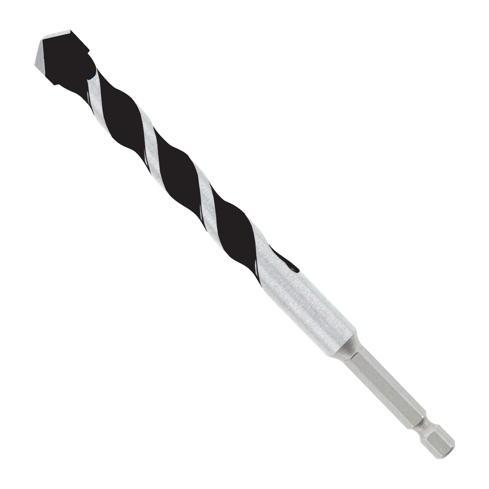 Black and silver twist drill bit with carbide-tipped head and hex shank against white background.