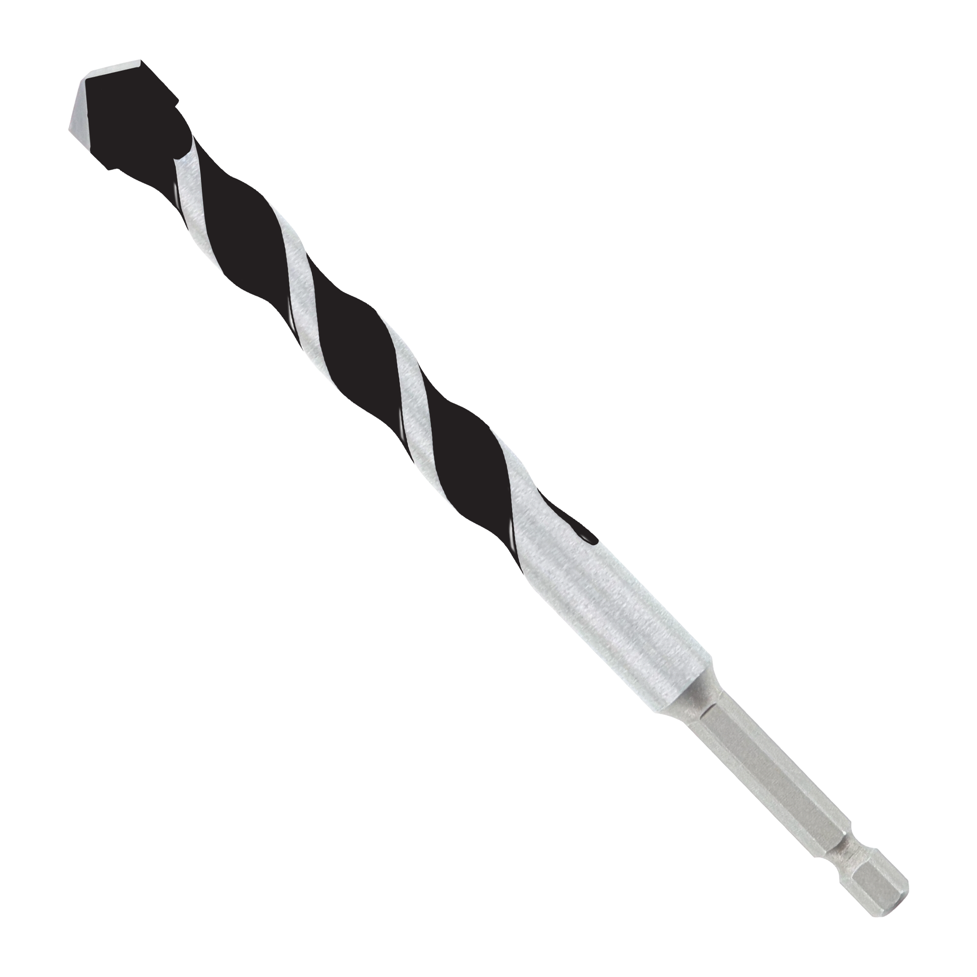 Black and silver twist drill bit with carbide-tipped head and hex shank against white background.