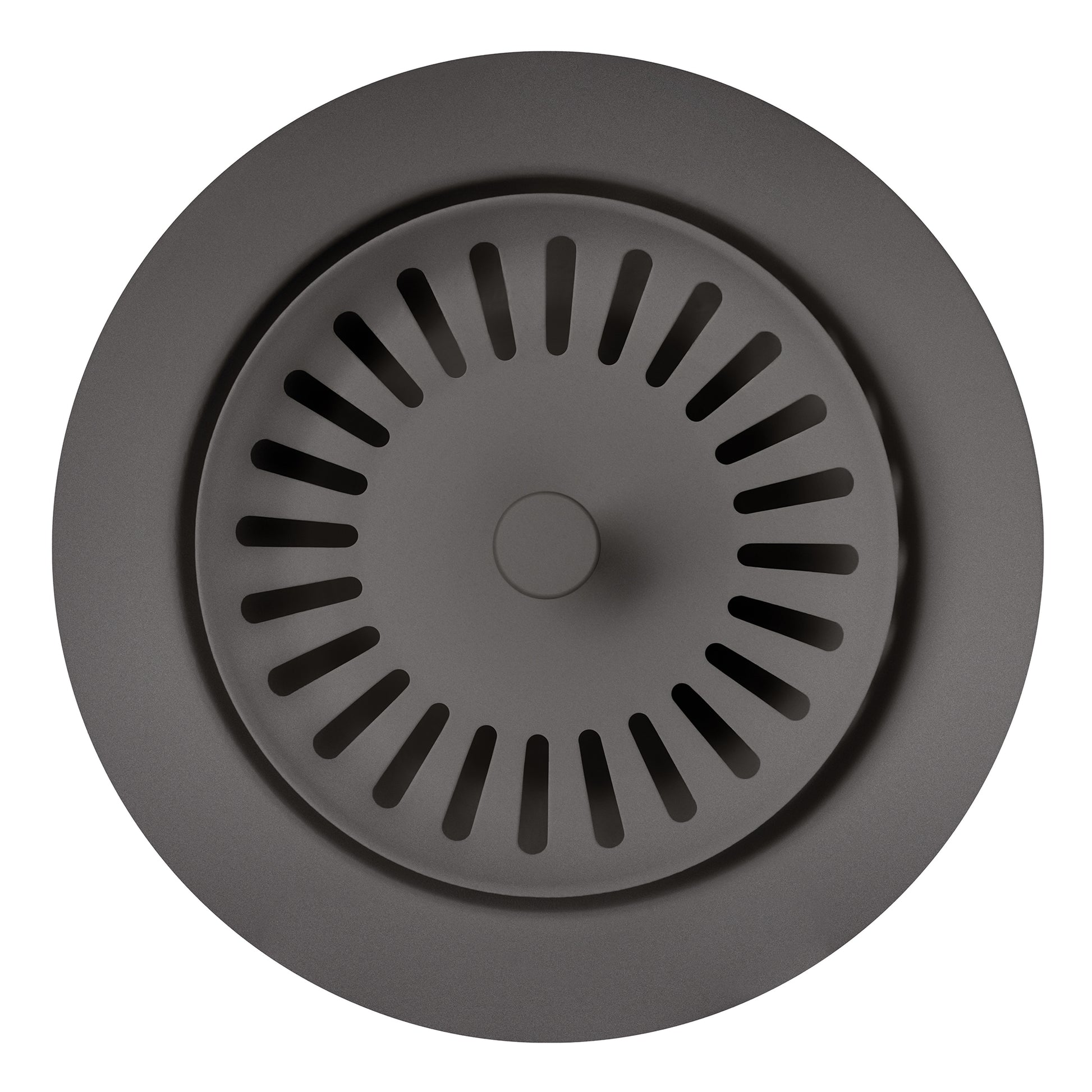 Cinder-colored metal basket strainer with radial slot perforations and central drain hole, viewed from above.