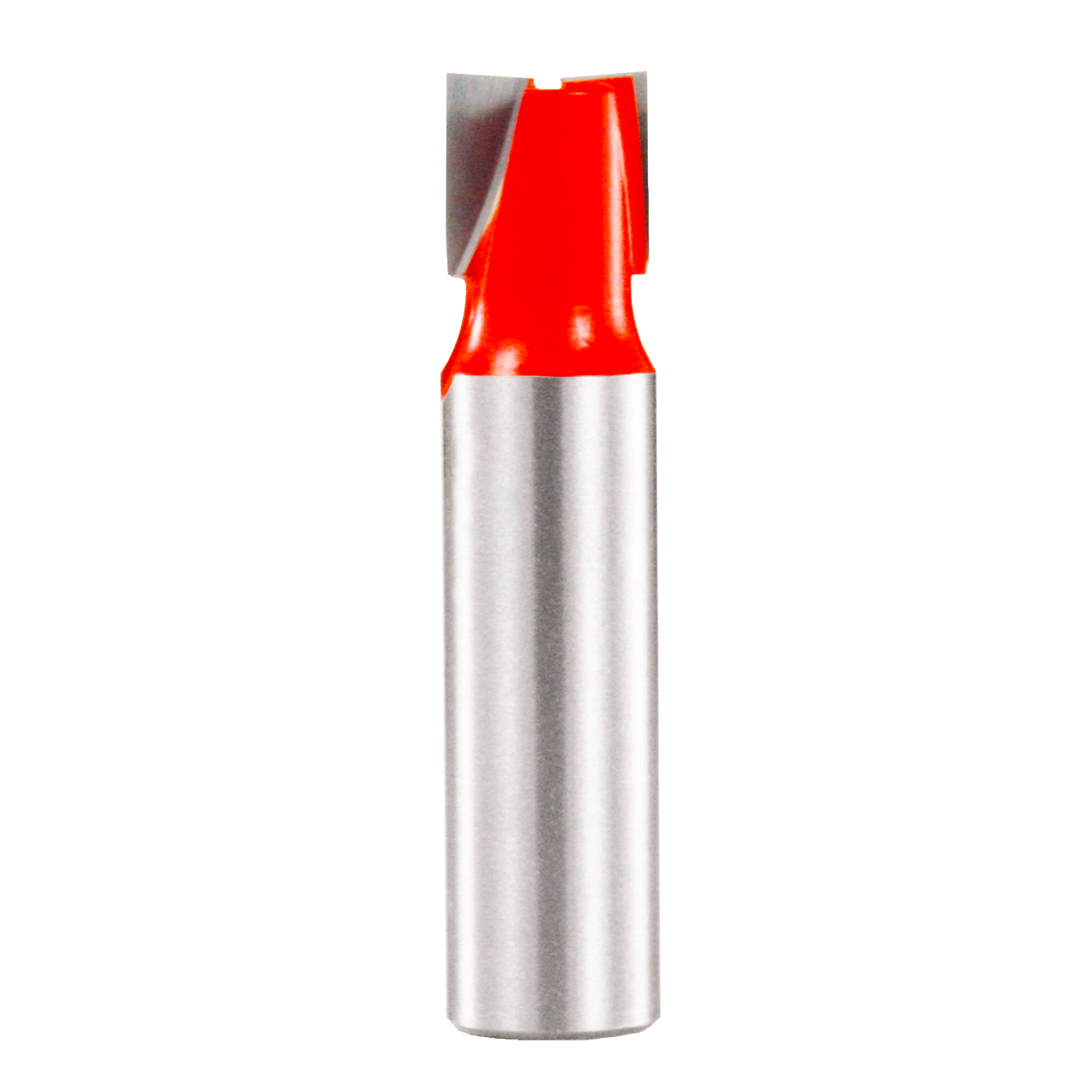 Silver shank mortising bit with red cutting head and two flutes at the top.