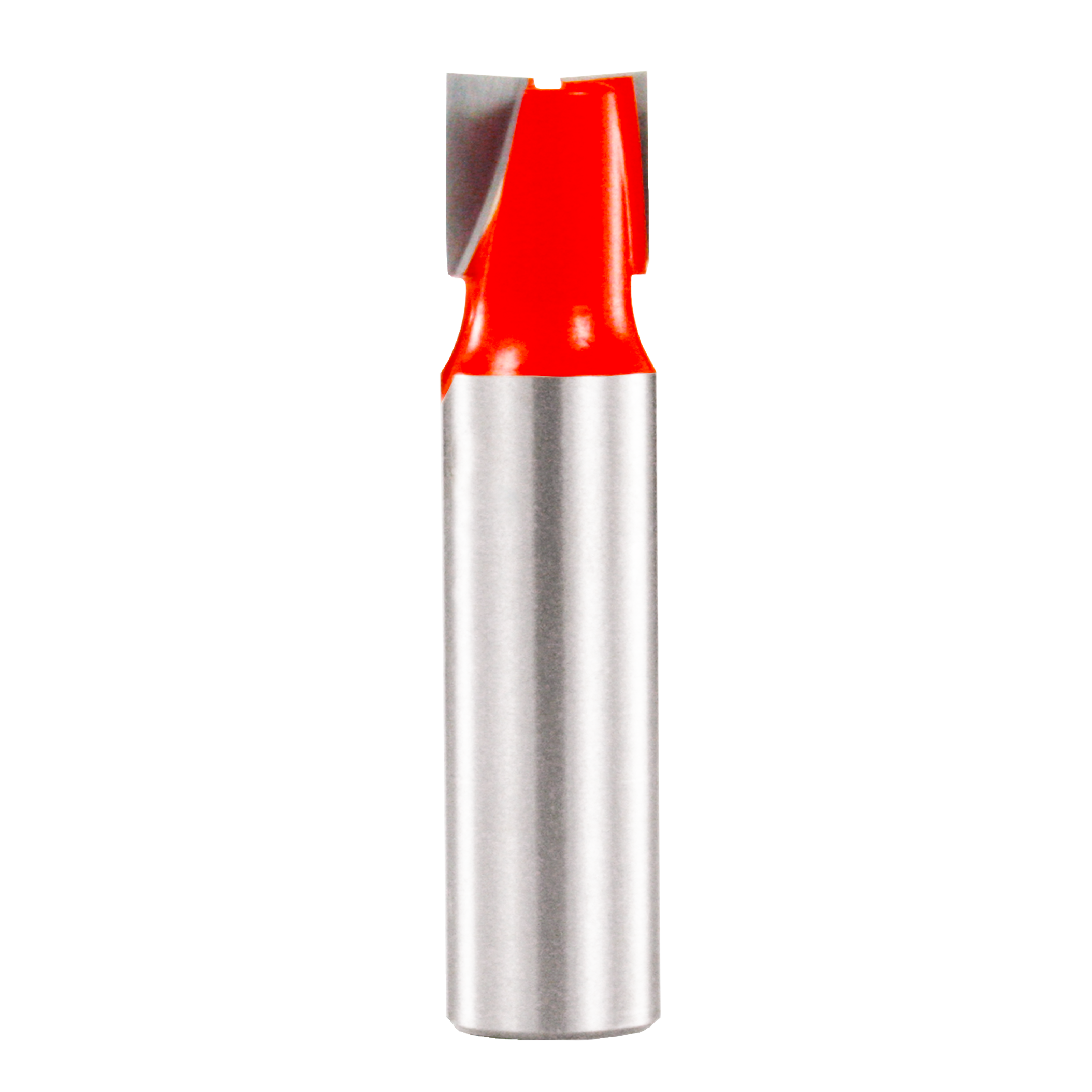 Silver shank mortising bit with red cutting head and two flutes at the top.