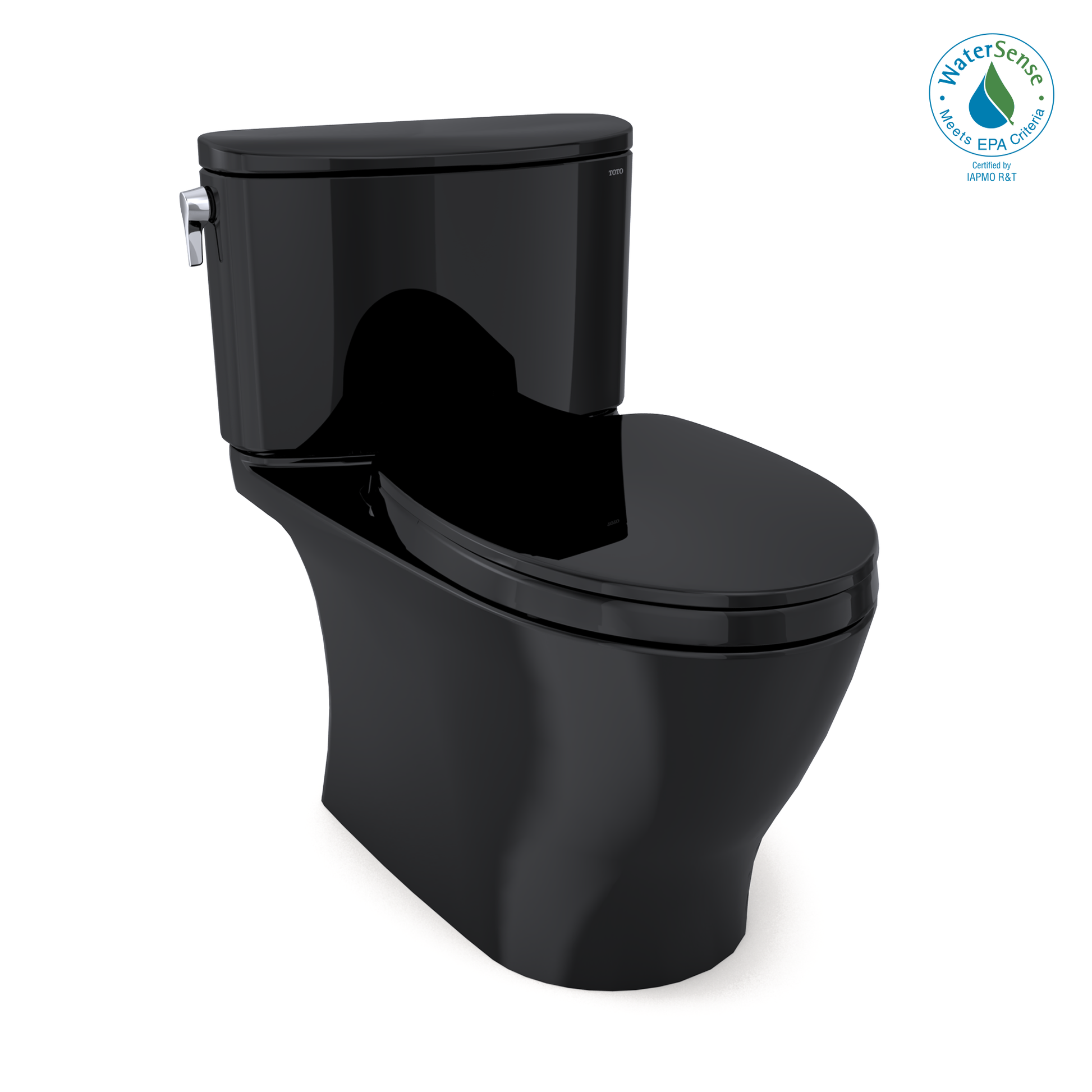 Ebony two-piece elongated toilet with soft-close seat and separate tank featuring supply line connection.