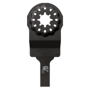 Black Diablo oscillating blade with Starlock connection and serrated cutting edge for power tools.