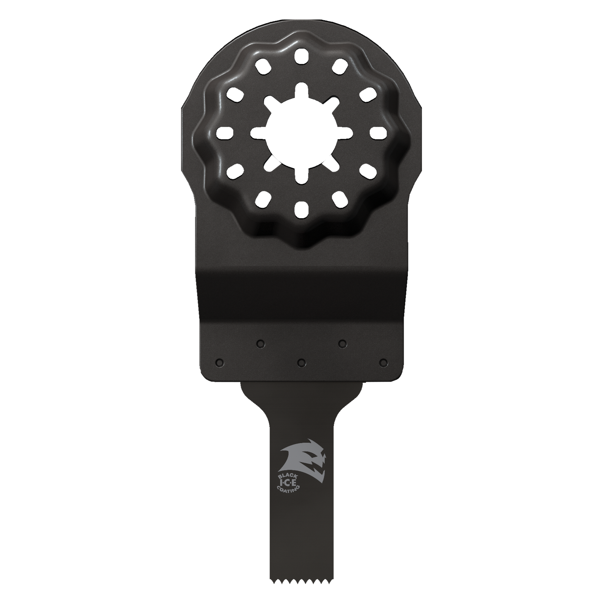 Black Diablo oscillating blade with Starlock connection and serrated cutting edge for power tools.