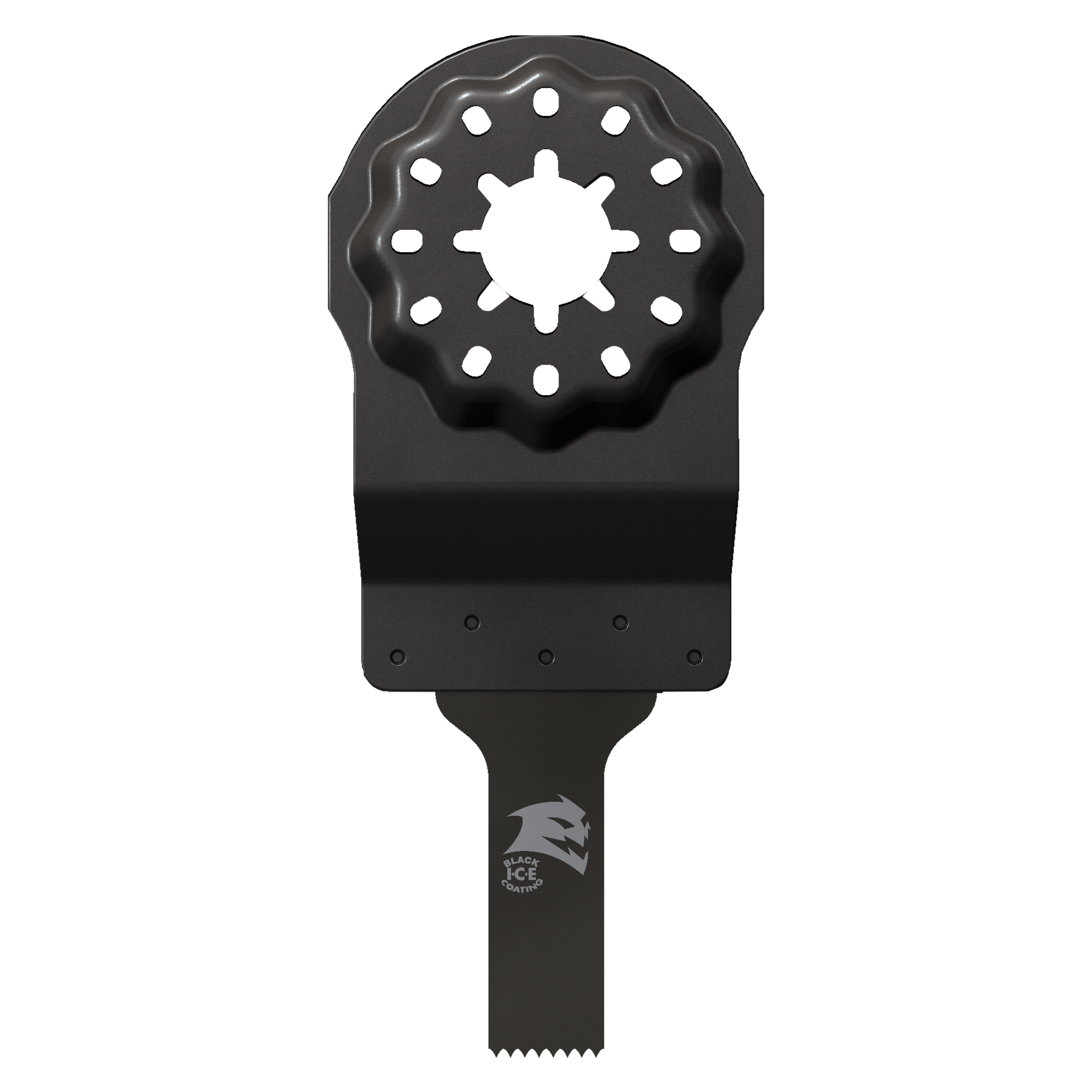 Black Diablo oscillating blade with Starlock connection and serrated cutting edge for power tools.