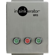 Stainless steel InSinkErator MRS-17 control panel with three buttons labeled FWD, STOP, and REV.