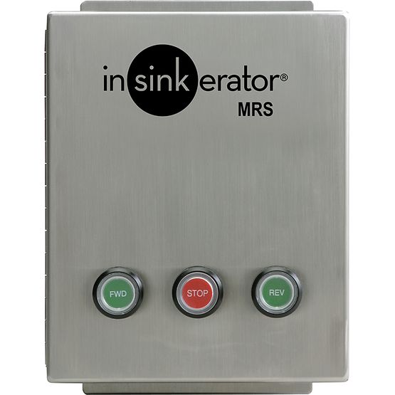 Brushed stainless steel InSinkErator MRS control panel with three illuminated push buttons labeled FWD, STOP, and REV.