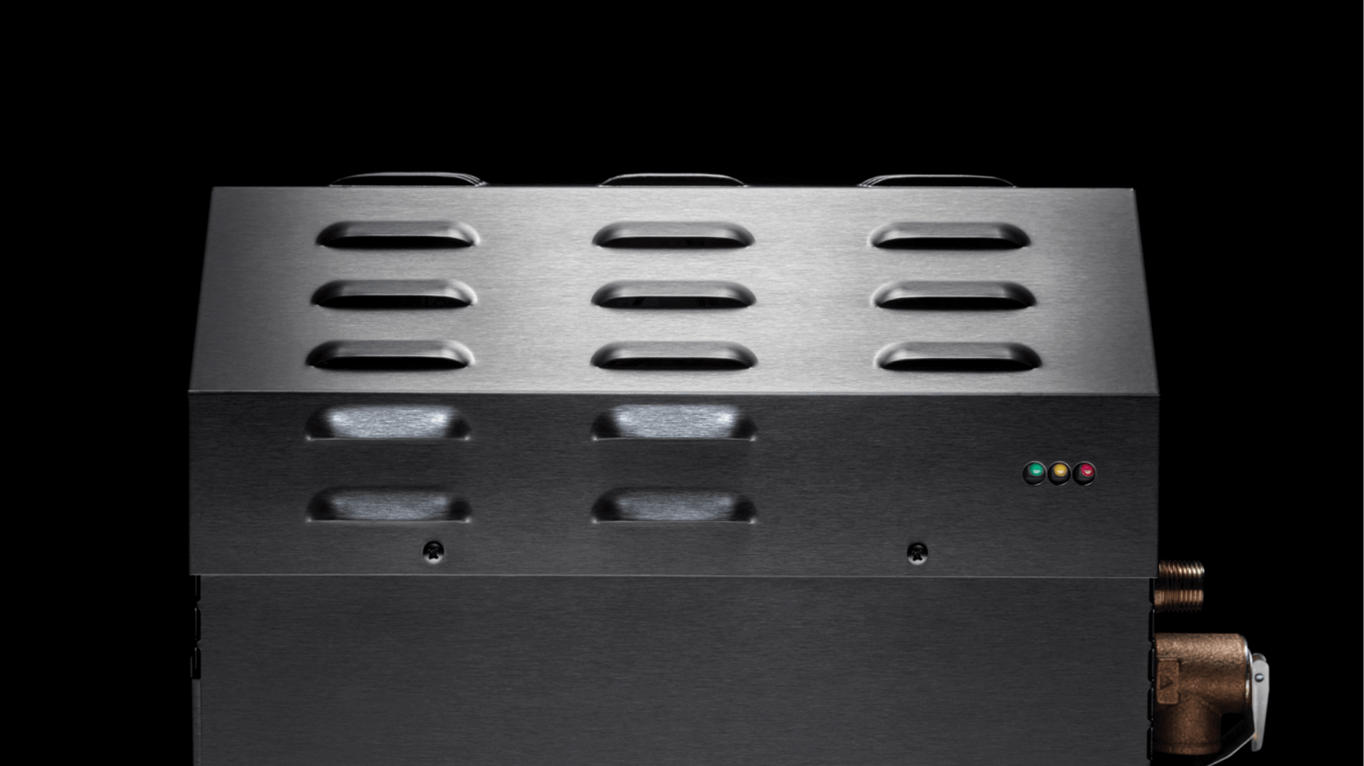 Mr. Steam eSeries 10kW steam generator with brushed metal housing, ventilation slots, and control indicators on black front p