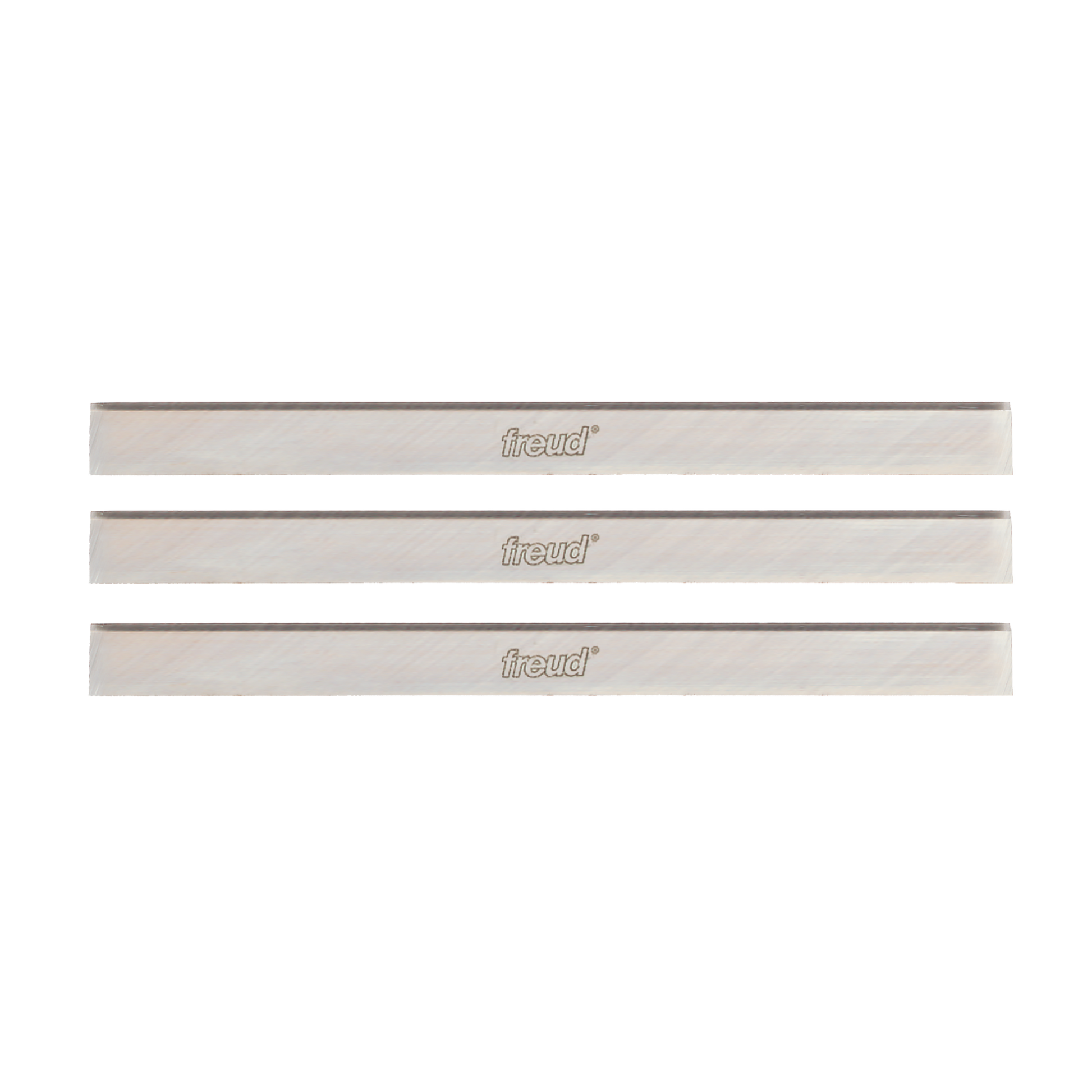 Three silver planer and jointer blades with Freud branding and dark cutting edges.