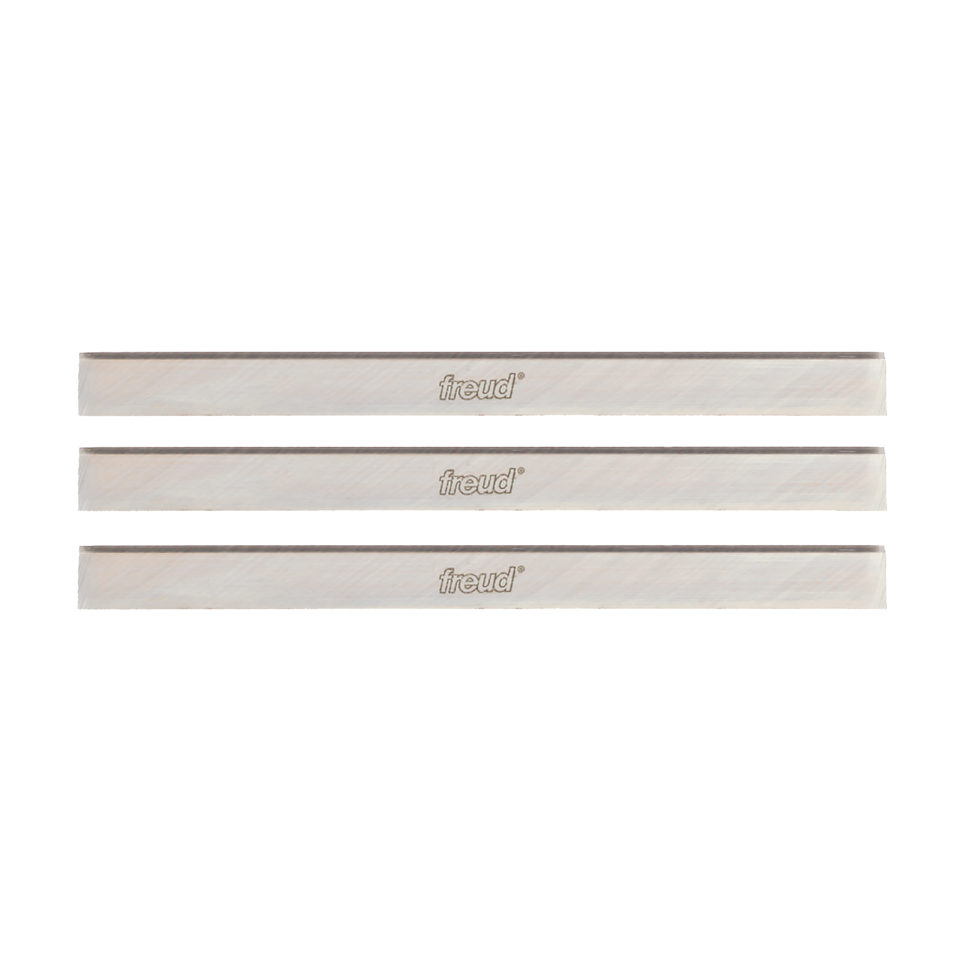 Three silver planer and jointer blades with Freud branding and dark cutting edges.