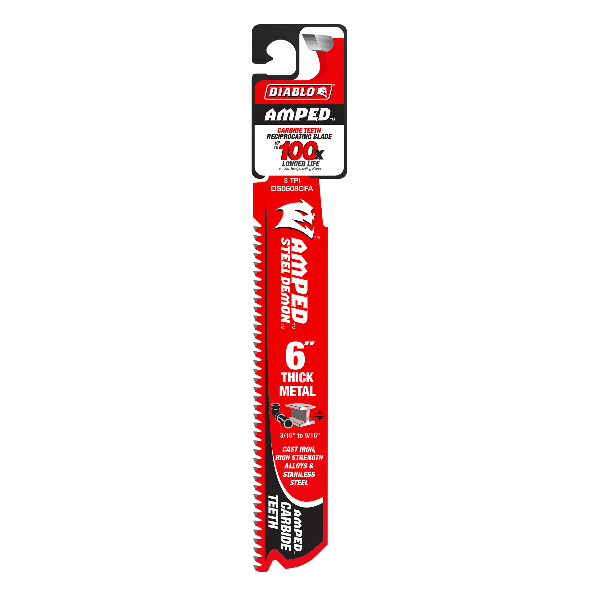 Diablo Amped 6-inch carbide reciprocating saw blade with fine teeth in red and black packaging.