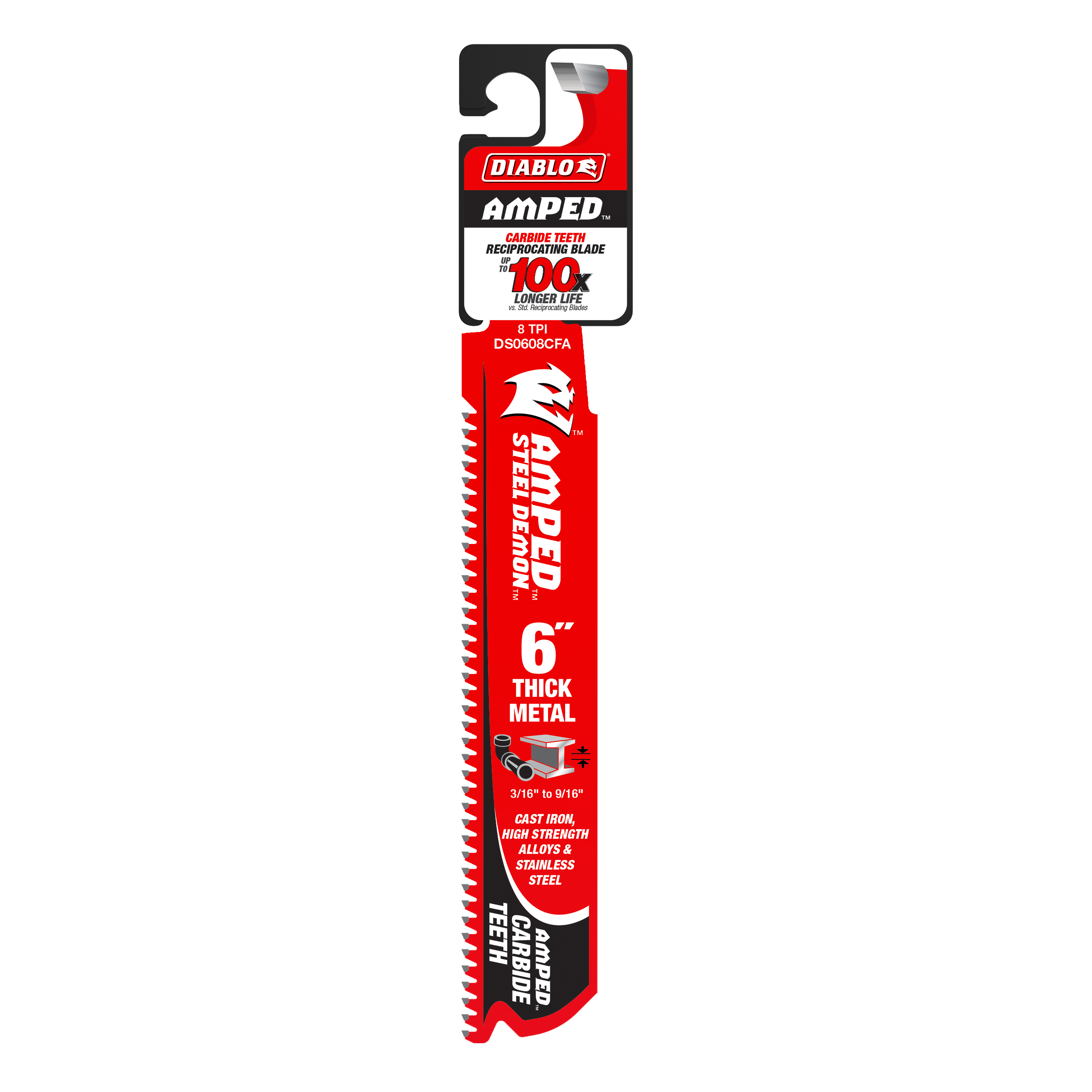 Diablo Amped 6-inch carbide reciprocating saw blade with fine teeth in red and black packaging.