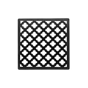 Square matte black drain cover with repeating quatrefoil cutout pattern.