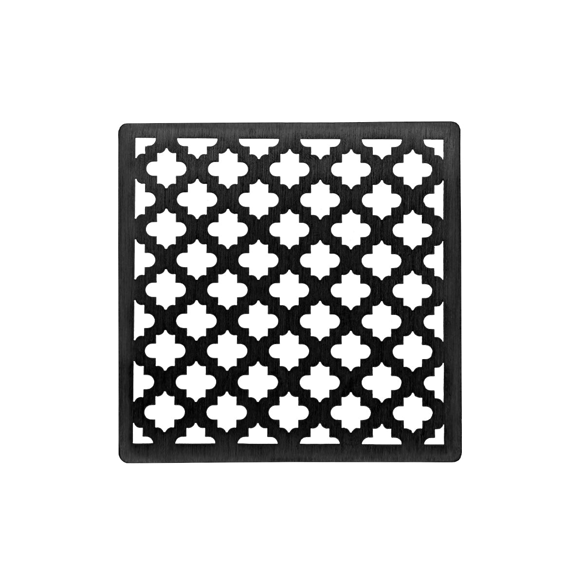 Square matte black drain cover with repeating quatrefoil cutout pattern.