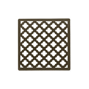 Square oil rubbed bronze drain cover with quatrefoil pattern cutouts, 4" x 4".
