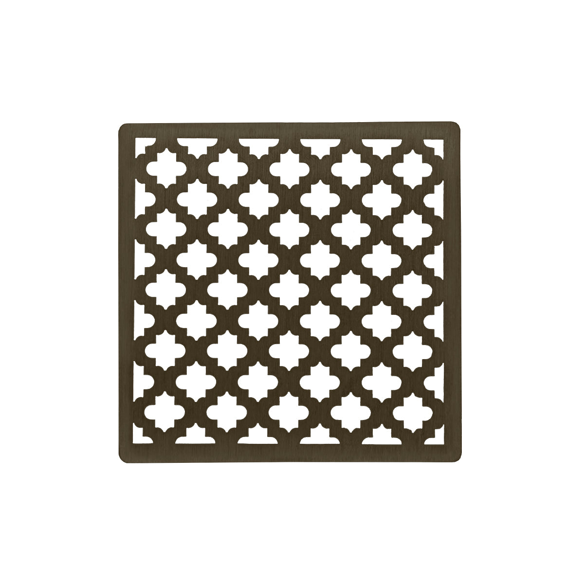 Square oil rubbed bronze drain cover with quatrefoil pattern cutouts, 4" x 4".