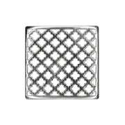 Polished stainless steel square drain cover with repeating quatrefoil pattern and center drain opening.