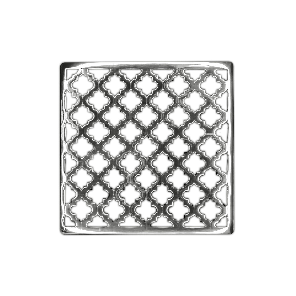 Polished stainless steel square drain cover with repeating quatrefoil pattern and center drain opening.