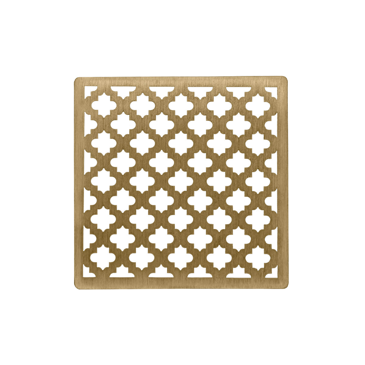 Square satin bronze drain cover with quatrefoil cutout pattern, 4" x 4".