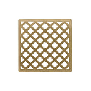 Square satin bronze drain cover with quatrefoil cutout pattern, 4" x 4".