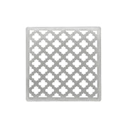 Square satin stainless steel drain cover with geometric quatrefoil cutout pattern, 4" x 4".