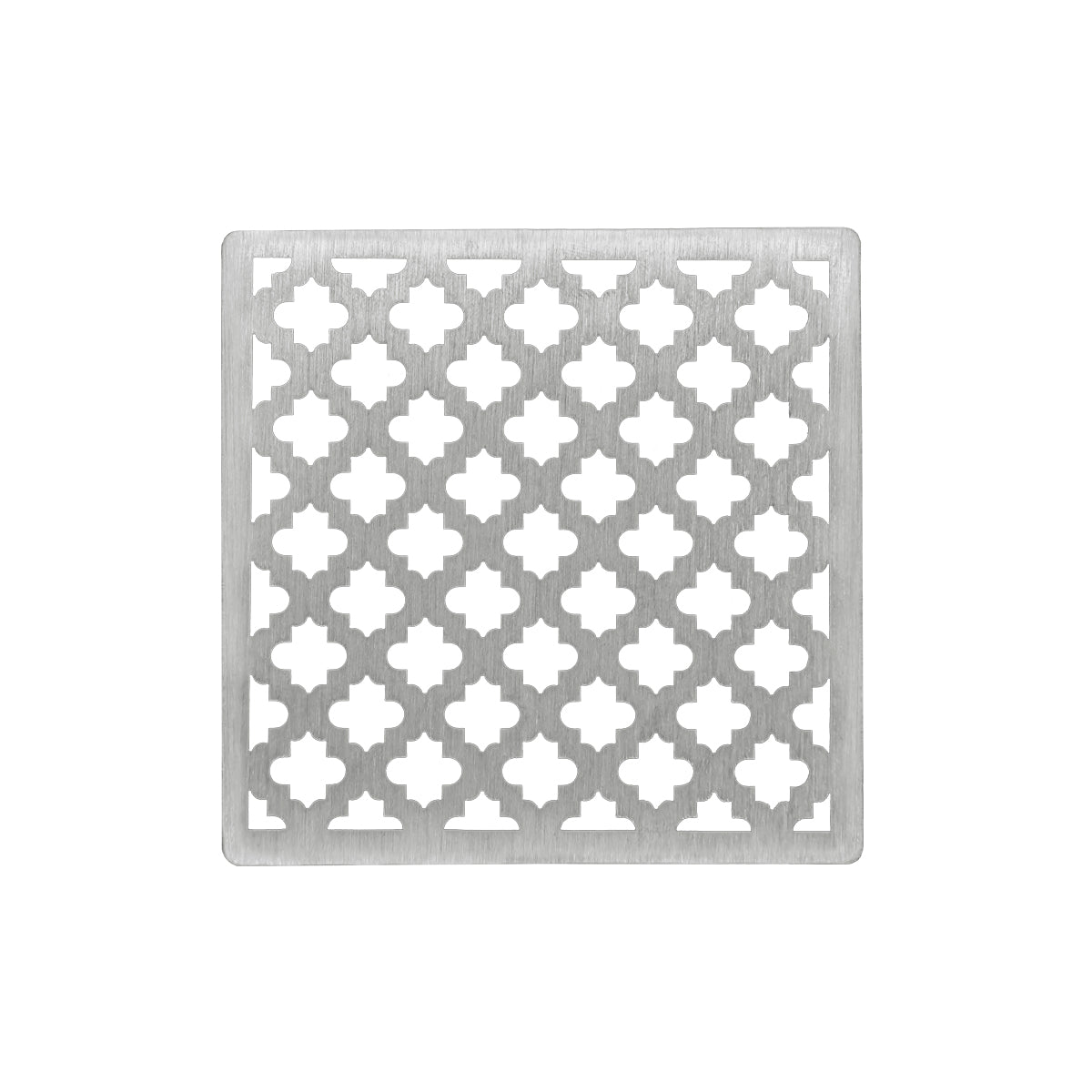 Square satin stainless steel drain cover with geometric quatrefoil cutout pattern, 4" x 4".