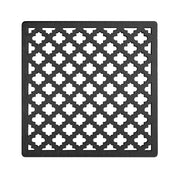 Matte black square drain cover with repeating white quatrefoil cutout pattern.