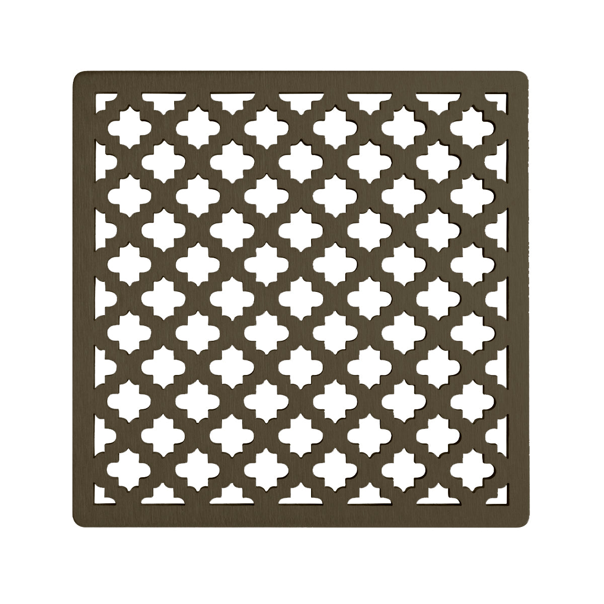Square oil rubbed bronze drain cover with quatrefoil cutout pattern and center opening.