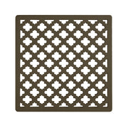 Square oil rubbed bronze drain cover with quatrefoil cutout pattern and center opening.