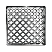 Polished stainless steel square drain cover with repeating quatrefoil cutout pattern.