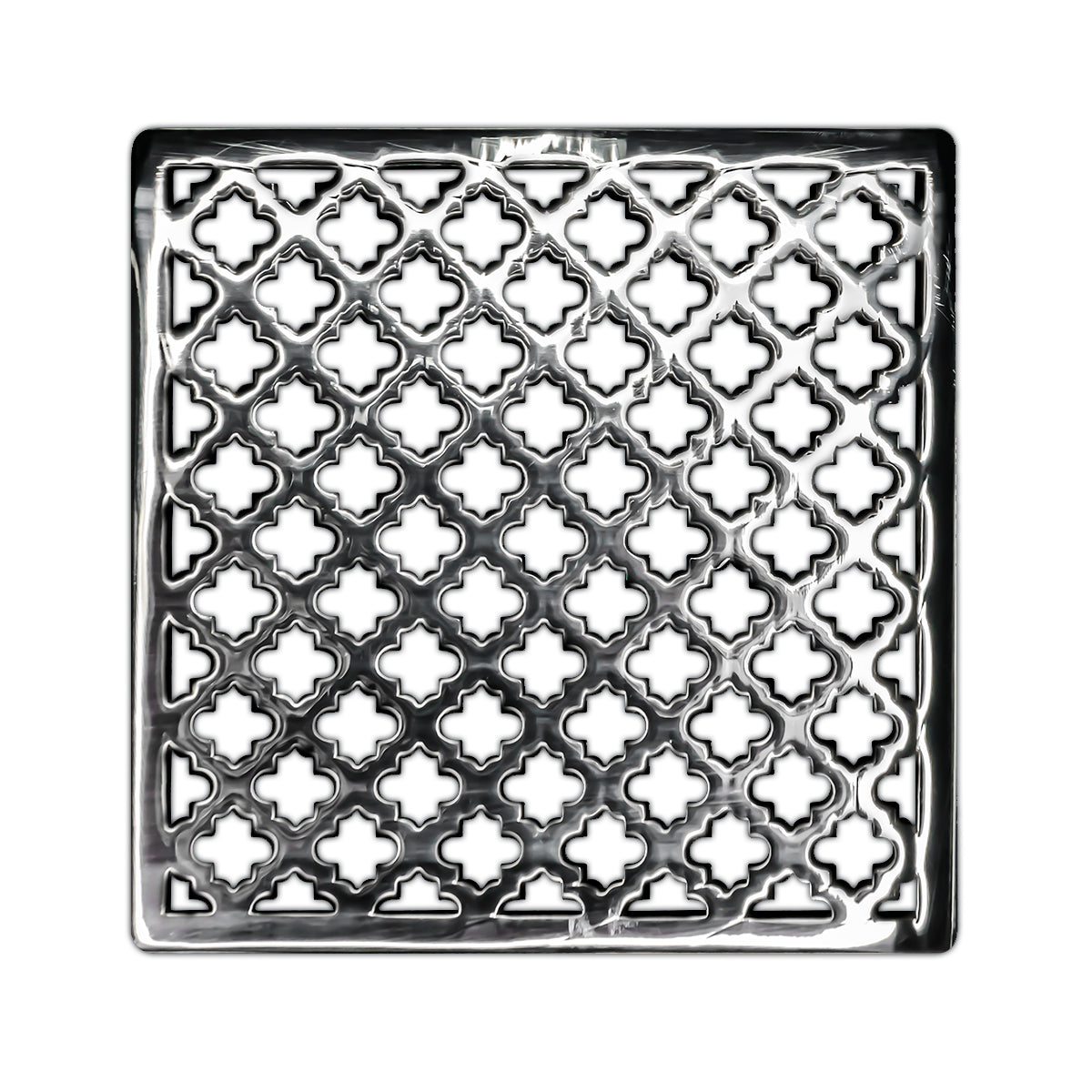 Polished stainless steel square drain cover with repeating quatrefoil cutout pattern.