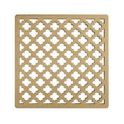 Square satin bronze drain cover with repeating quatrefoil cutout pattern and rounded corners.